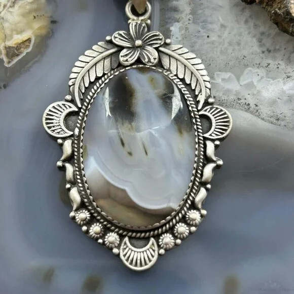 Sterling Southwestern Style Oval Moss Agate Tube Decorated Pendant For Women